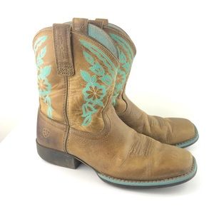 Ariat Kid’s Cattle Cate Western Boots Square Toe Brown/Light Blue Size 3.5